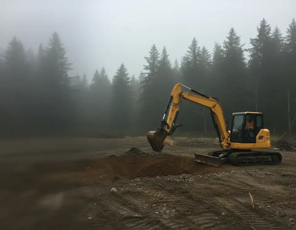 Yellow compact tracked excavator working on a Washington jobsite