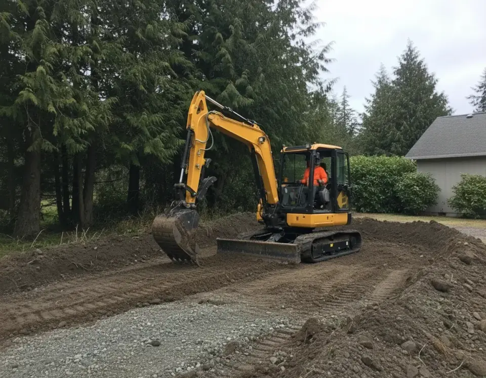 Yellow compact excavator reshaping and grading soil at a property site
