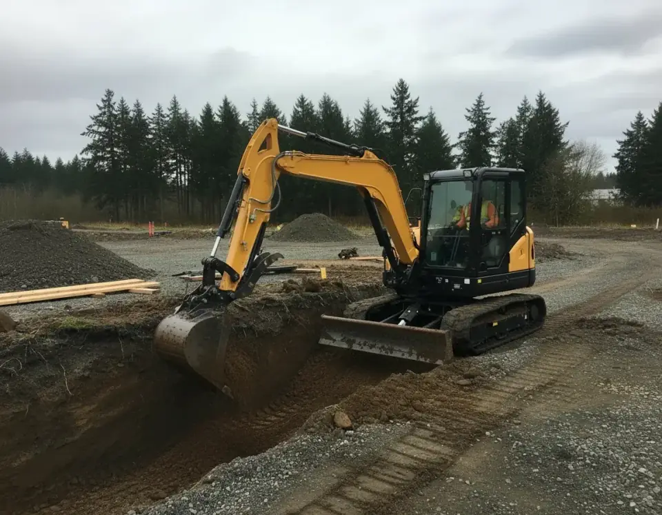 Yellow compact excavator digging a moderate trench on a Washington site