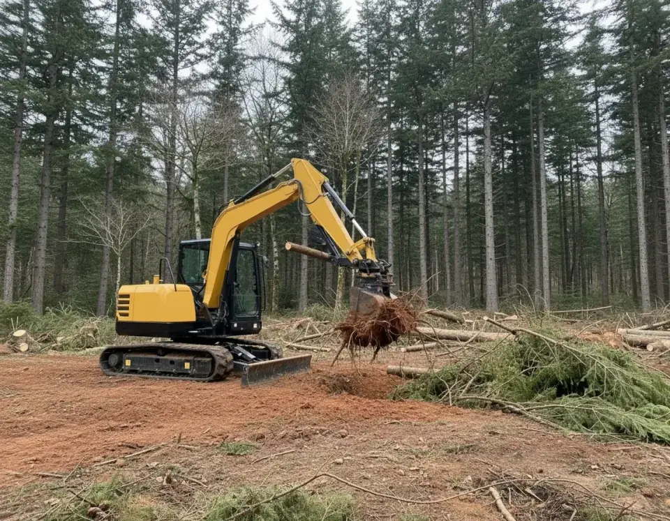 Yellow compact excavator removing a small stump and brush beside a Pacific Northwest forest