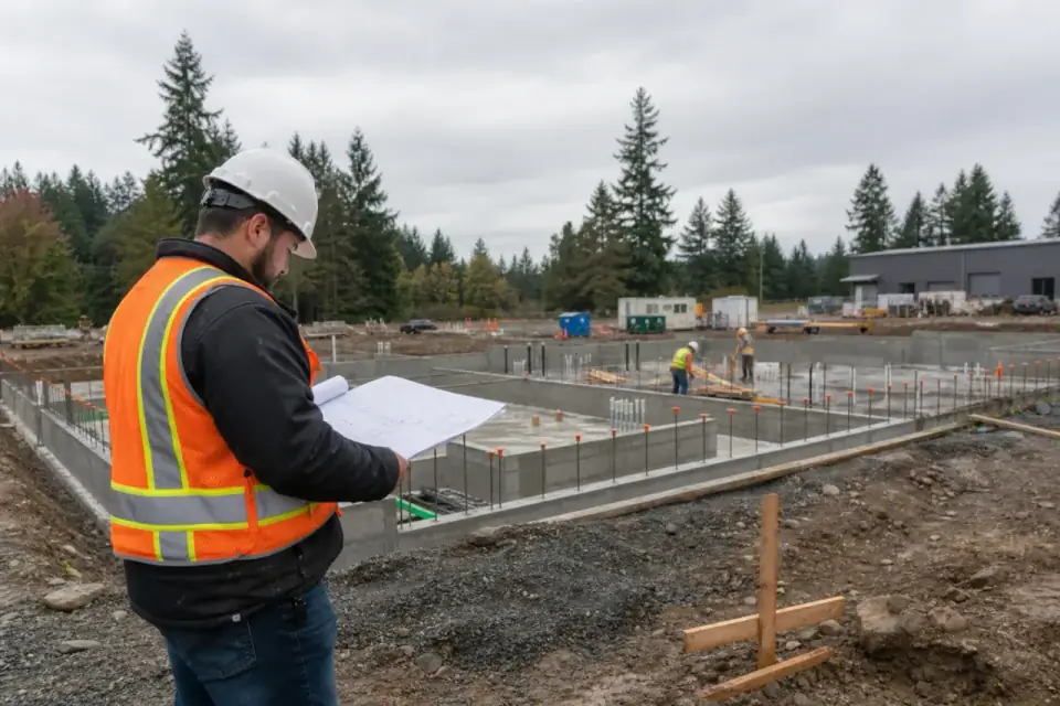 Superintendent reviewing site plans at an active commercial construction project