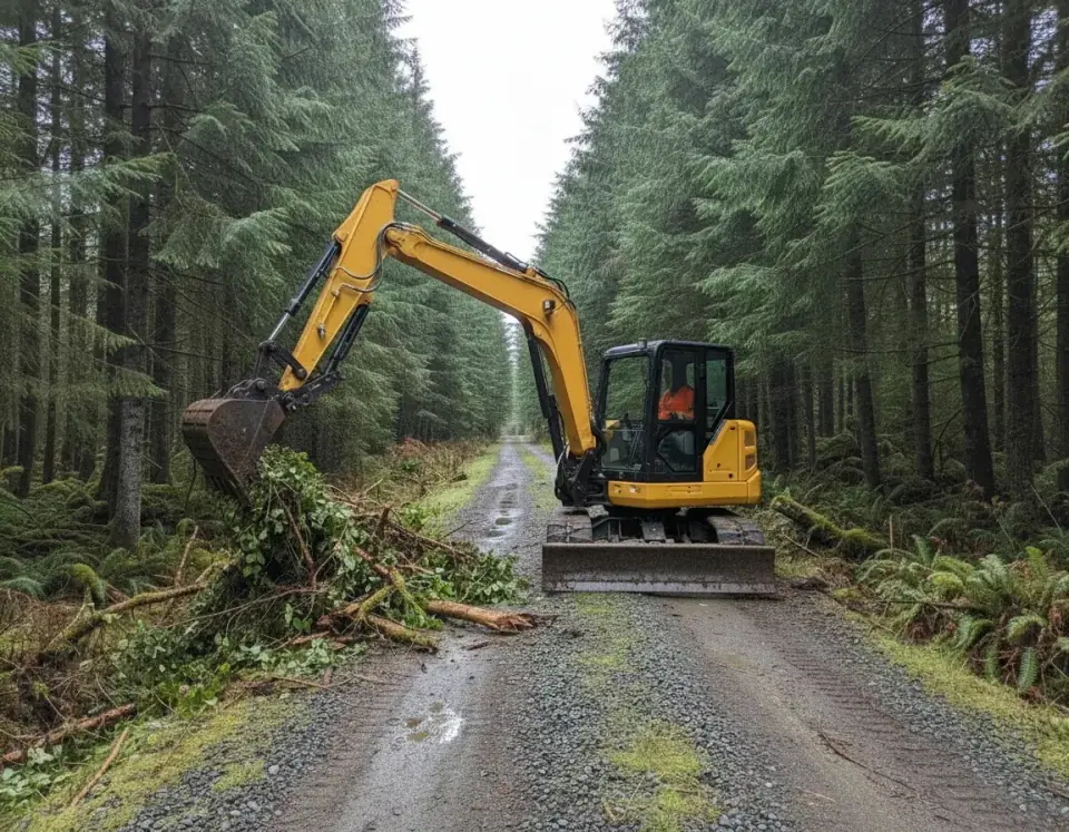 Yellow compact excavator clearing brush beside a forest access track